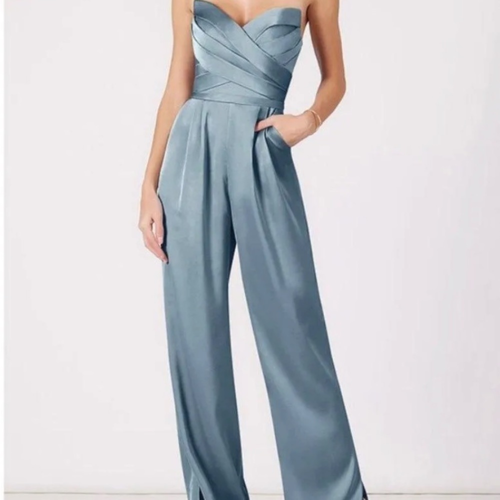 Pnina Tornai Azazie Strapless Satin Jumpsuit in Steel Dusty Blue